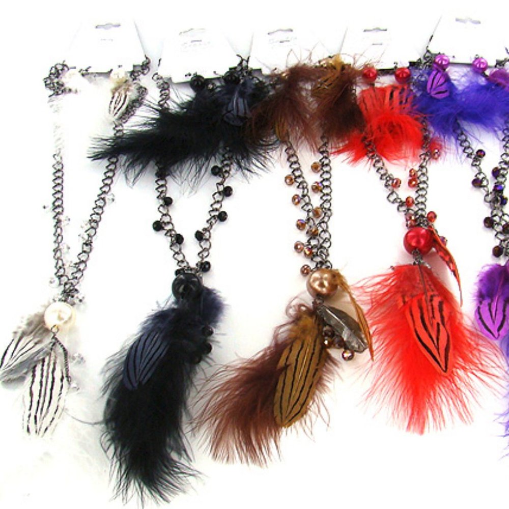 White Feather necklace earrings set gunmetal bead